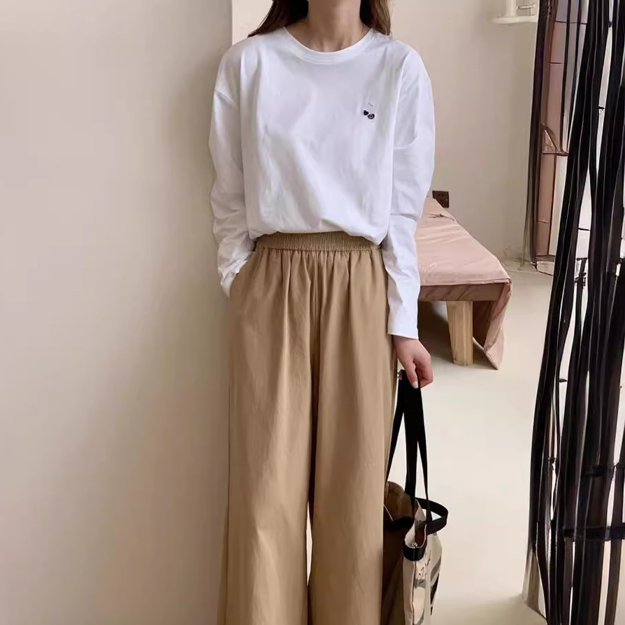 纯棉长袖打底白t恤女 2024春秋韩版宽松休闲叠穿百搭刺绣上衣潮