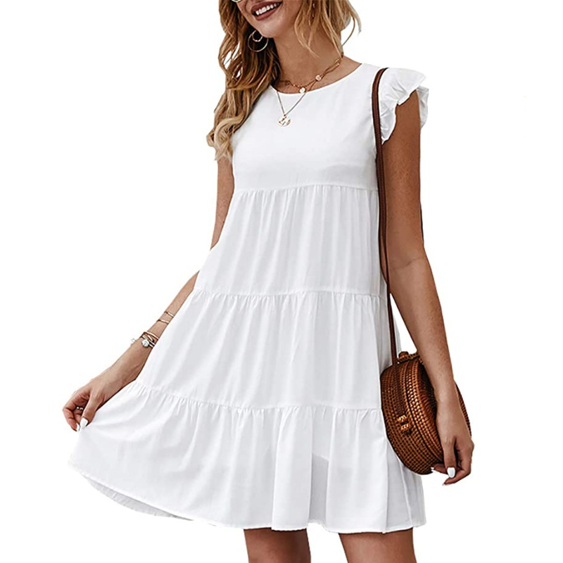 2023 Summer Women's Clothing New European and American Style Dress Solid Color round Neck Short Sleeves Casual Cake Dress Pleated Large Swing Skirt Women Clothes