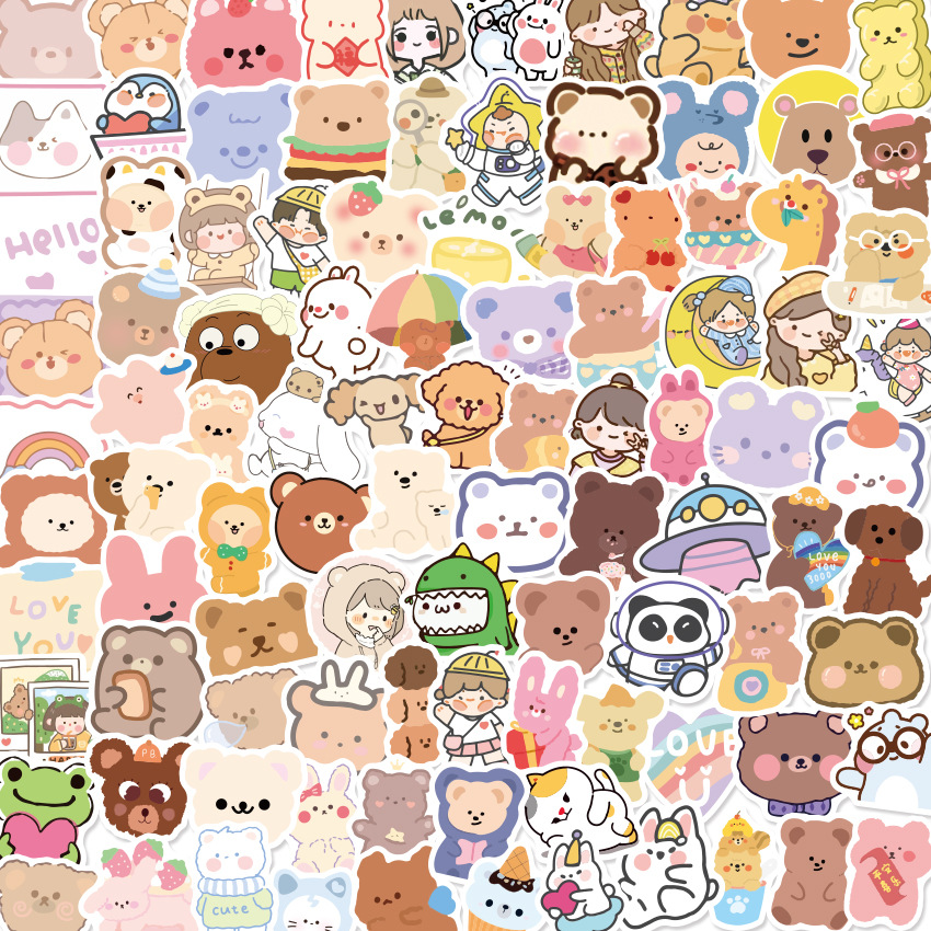 100张ins韩国小熊贴纸卡通可爱line表情贴水杯防水装饰手账小贴纸