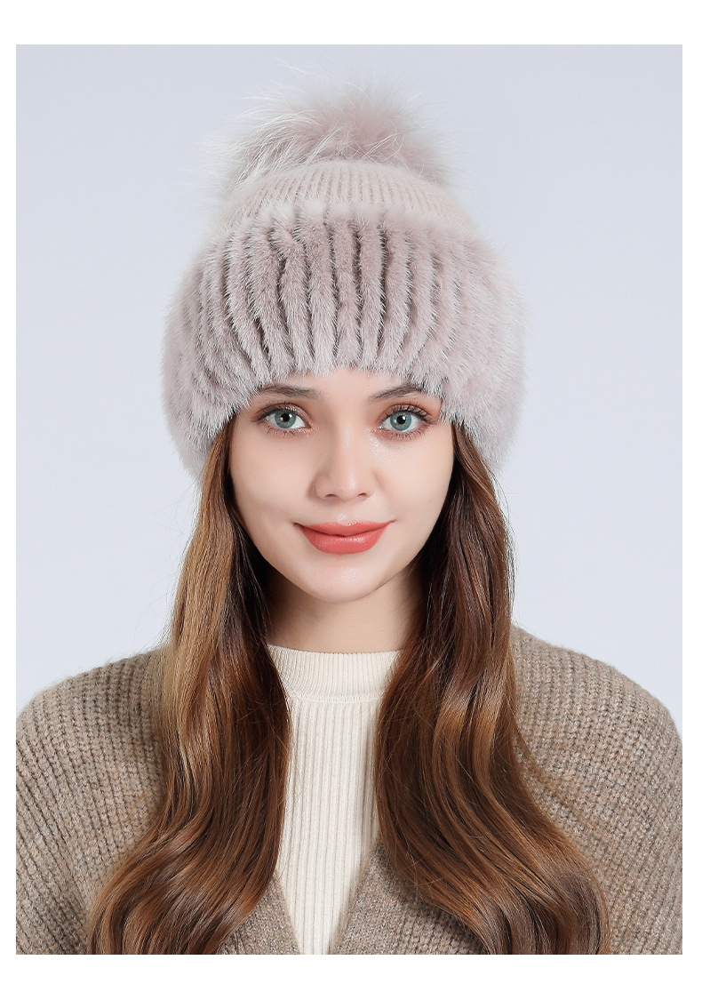跨境热销俄罗斯貂毛帽子女冬天加绒保暖护耳毛线帽时尚皮草针织帽