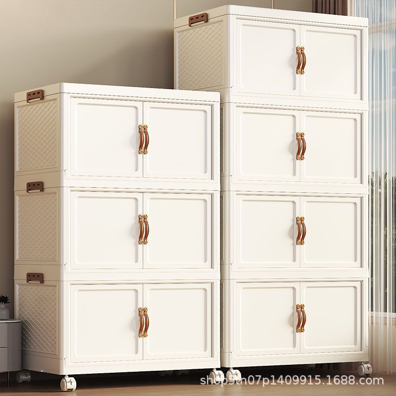 Storage Box Double Door Storage Cabinet Foldable Plastic Wardrobe Cream Style Clothes Storage Box Home Bedroom Locker