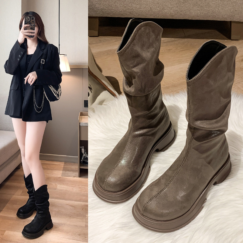 时尚马丁靴女冬季加绒堆堆靴新款秋冬厚底ins英伦风中筒靴