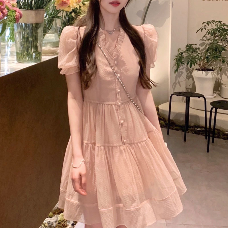 争品 温柔风法式v领粉色女甜美连衣裙 夏季裙子仙女裙纯欲ins纱裙