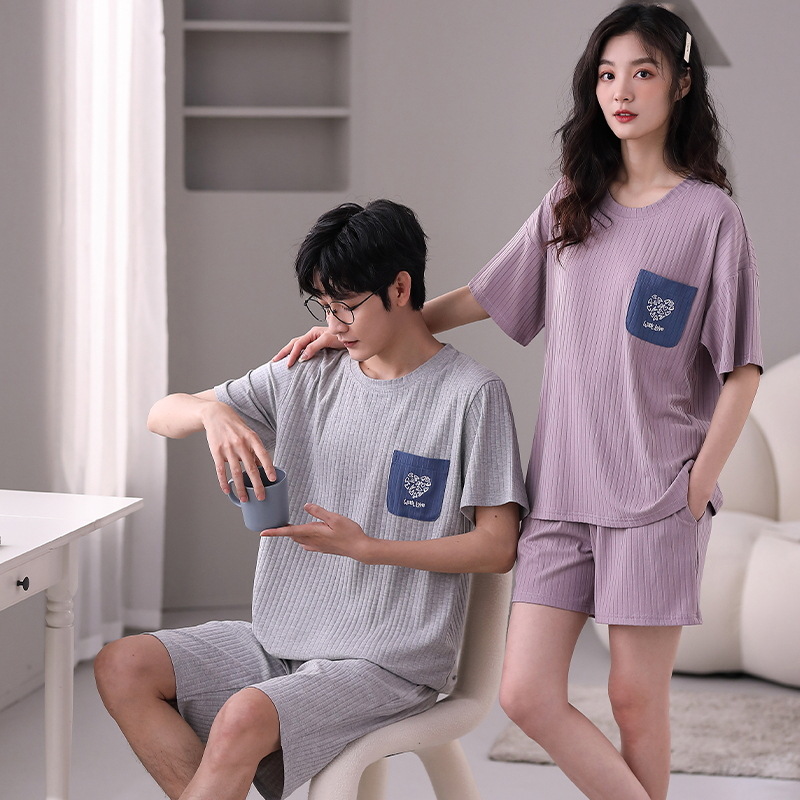 Modal Couple Pajamas Summer Short Sleeve Ice Silk Cotton Silk Cartoon Simple Homewear Men's Women's Suit Thin