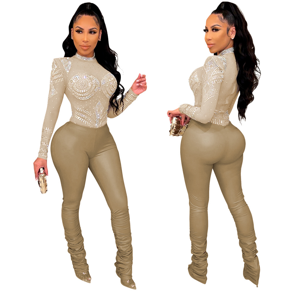 cy9405款跨境亚马逊时尚性感pu烫钻透视紧身连体裤显身材冬季新款