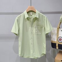夏季衬衫男士痞帅短袖衬衣日系复古口袋黑白蓝绿色宽松衣服外穿厂