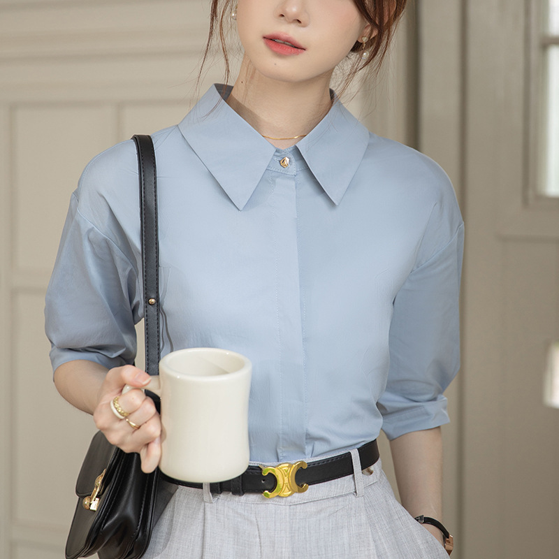 2024实拍职业蓝色衬衫女夏季新款正装ol通勤女装衬衣高级感衬衫女