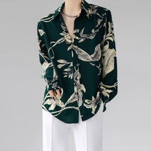 韩国高级感夏季个性水墨复古花衬衫男宽松薄款垂感长袖冰丝衬衣潮