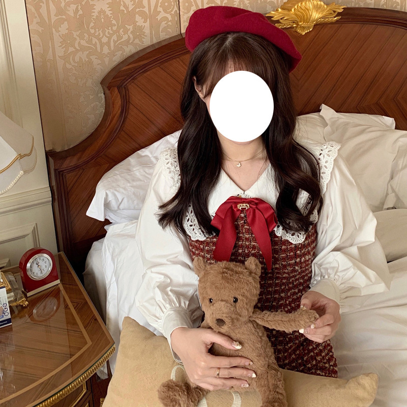 树莓甜心/娃娃领小香风收腰连衣裙2021冬季日系甜美粗花呢小红裙