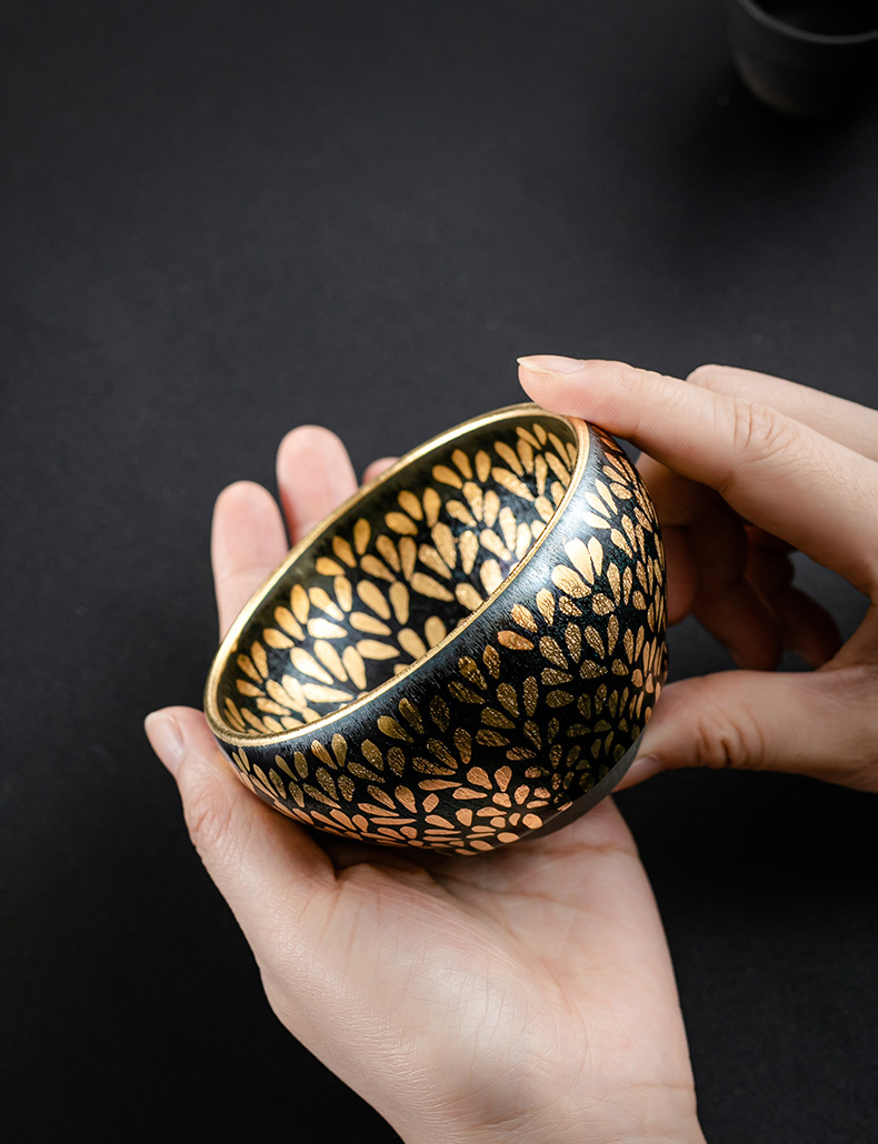 手工金油滴建盏铁胎黄金天目茶盏鎏金陶瓷主人杯金盏茶杯单个礼盒