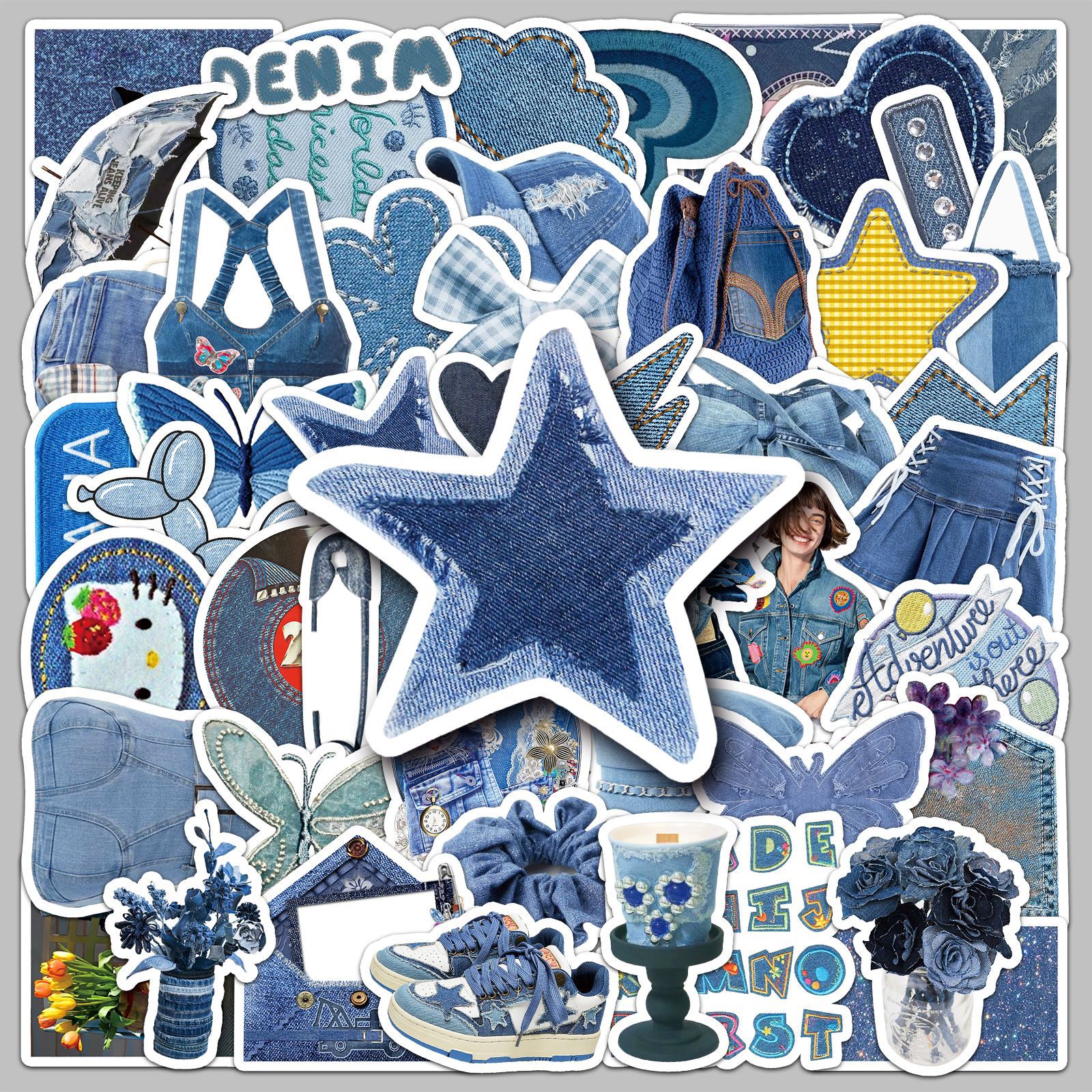 50张牛仔ins风贴纸小清新蓝色创意diy手机壳防水手帐本可滴胶贴纸