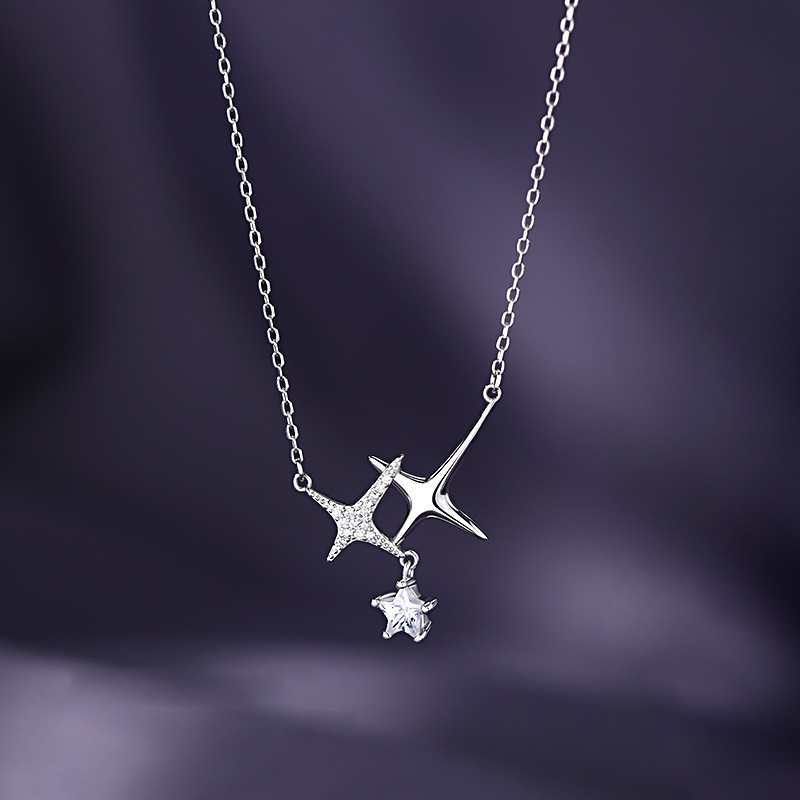 闪耀四芒星项链女纯银925新款星星个性十字星星交叉流苏锁骨颈链