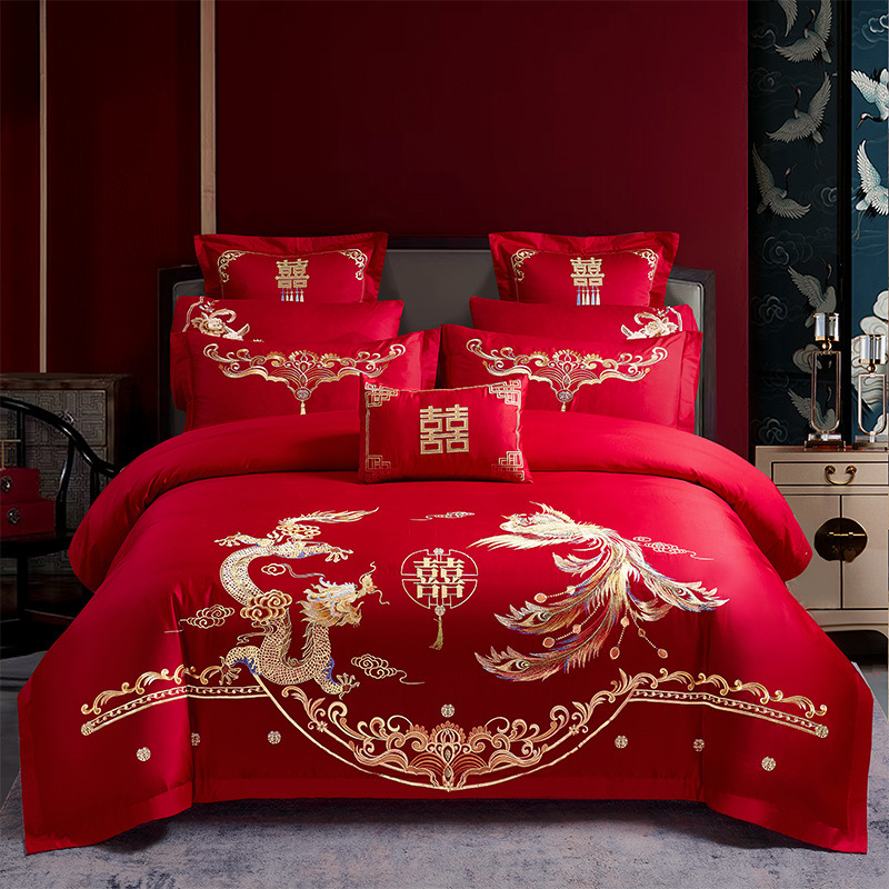 Red Embroidered Wedding High-End Four-Piece Cotton Quilt Cover Bed Sheet Cotton Wedding Match Sets Wedding Makeup Festive