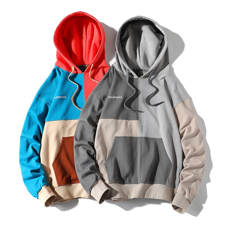 Foreign Trade Customized Color Block Patch Hooded Sweater Trendy Unique Niche Design Fine Cotton Terry Heavy Hoodie