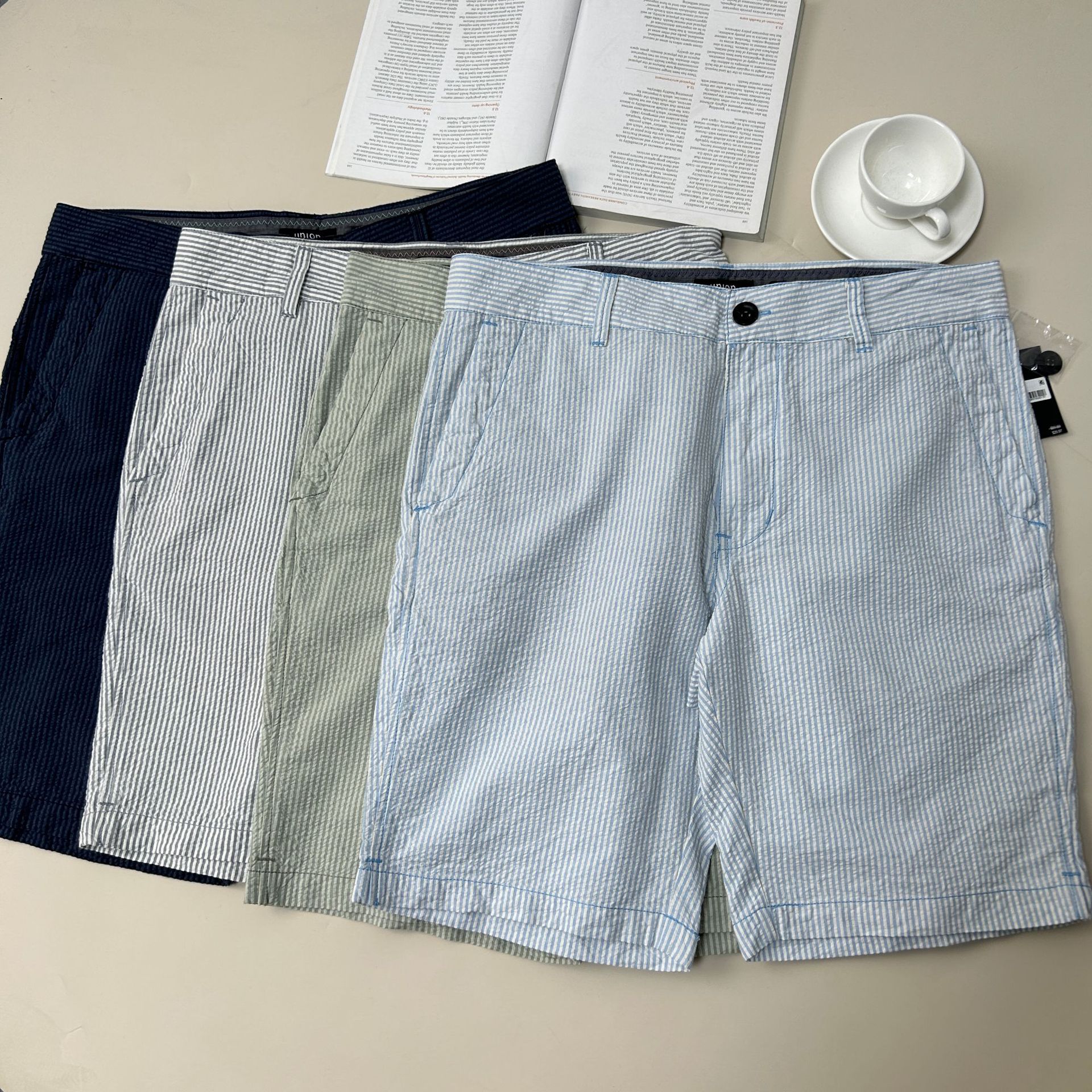 【W6412】男士重皱水洗棉 竖条纹中裤