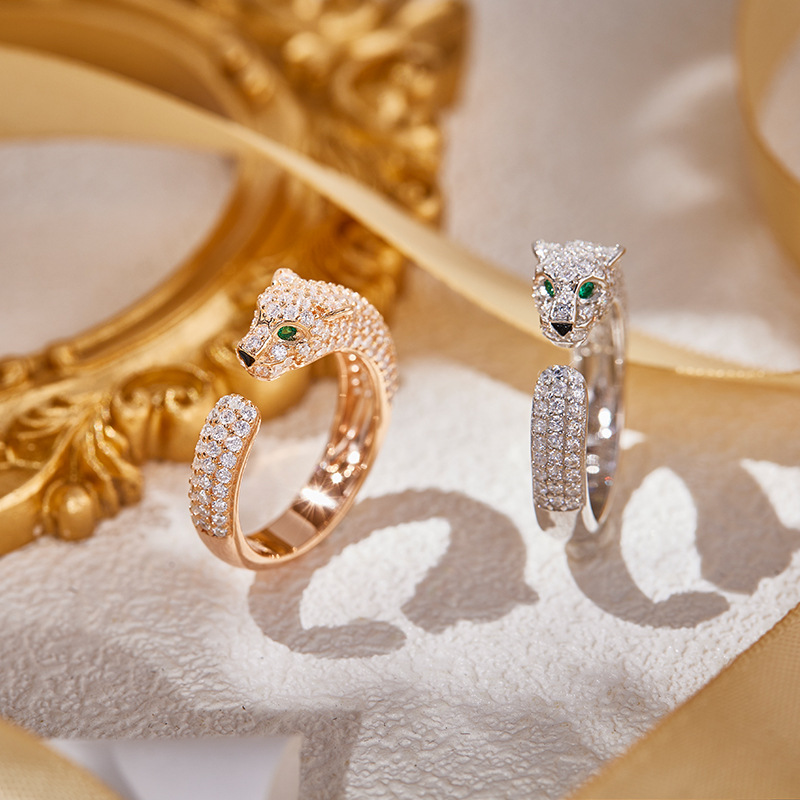 外贸跨境新款窄版满钻豹子戒指s925银镀金开口个性男女款猎豹指环