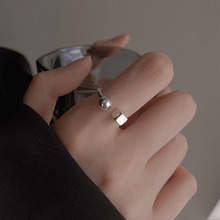 方块戒指女简约小众设计感几何圆珠指环开口可调节食指戒