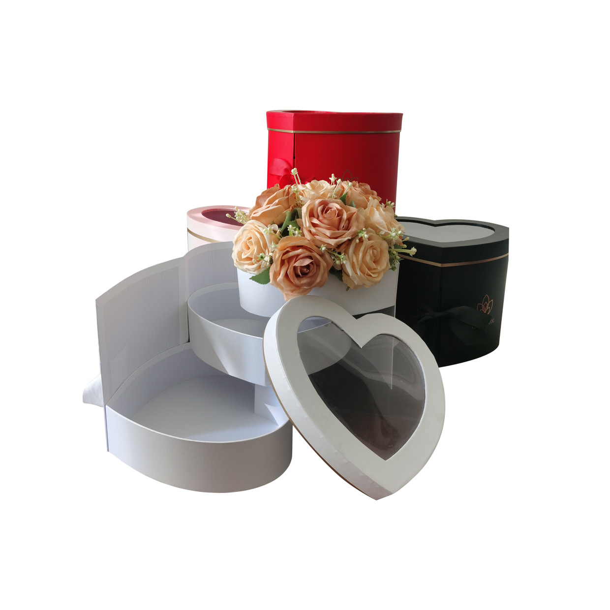 合心意 情人节三层旋转心形鲜花礼盒 pvc开窗 鲜花爱心包装盒批发