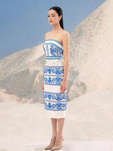 现货越南设计师小众重工蓝色青花瓷刺绣连衣裙修身抹胸礼服30155