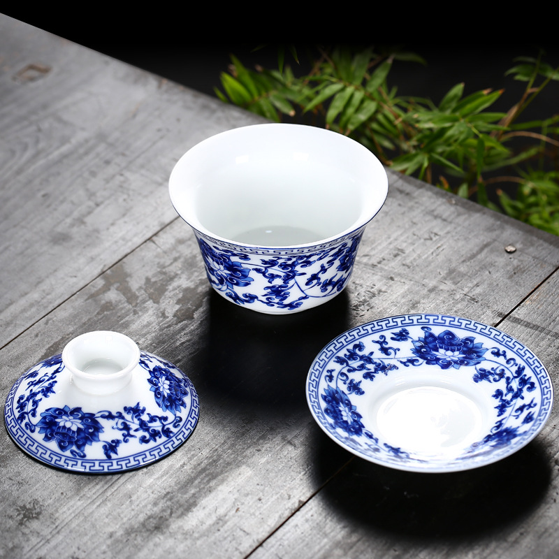 盖碗大号青花瓷三才杯景德镇陶瓷敬茶杯三炮台功夫茶具冲茶器