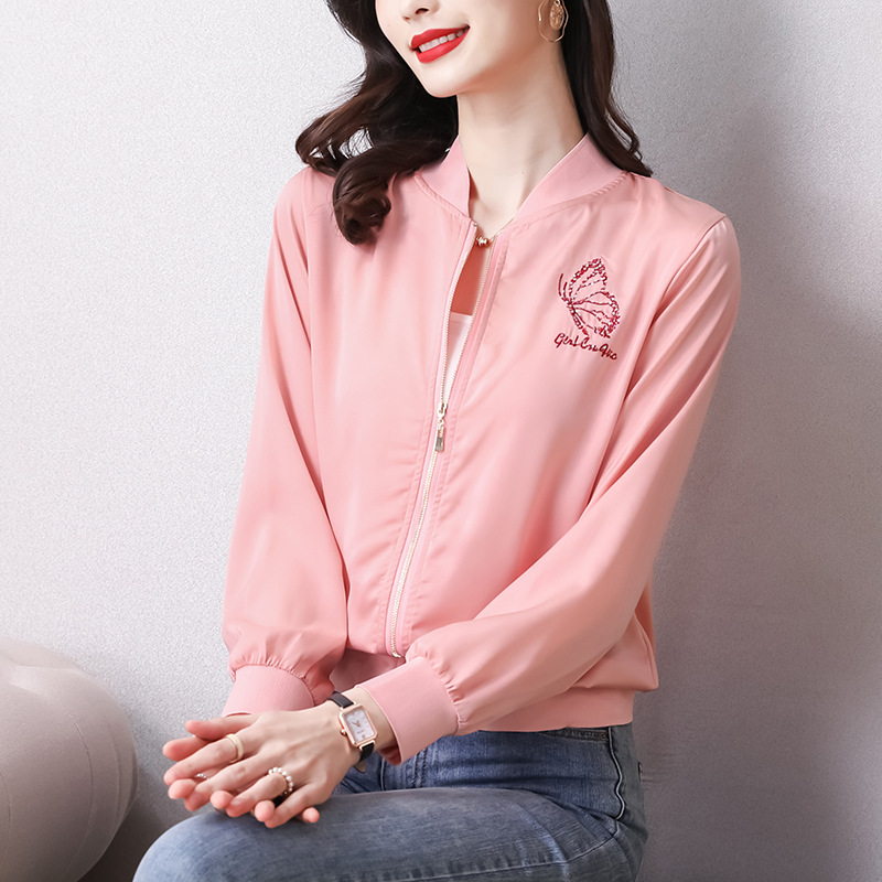 粉色重磅真丝短外套女2021春装新款休闲绣花长袖桑蚕丝棒球服上衣