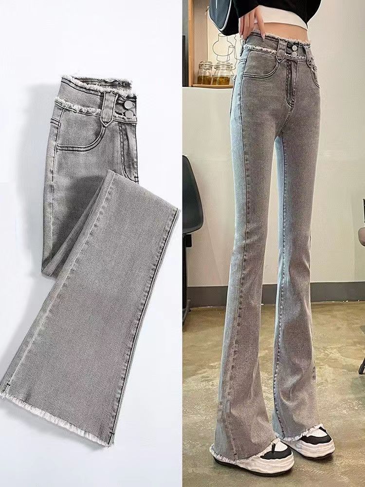 Smoky Gray Skinny Jeans for Women 2023 Summer New Slim Fit Slimming and Fashionable Washed Distressed Flared Pants Trendy