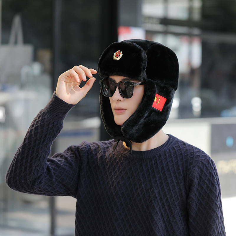 新款冬季国潮雷锋帽全毛加厚防寒保暖套头帽男女户外骑行毛绒帽子
