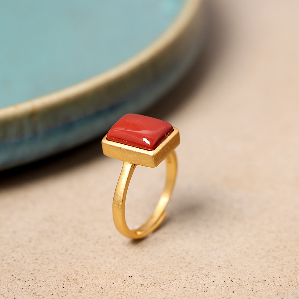 人品银品 s925银镀金南红玛瑙方形戒指时尚简约女式戒指 厂商直供