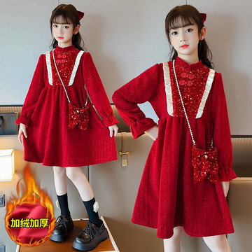 女童公主裙加绒秋冬季加厚雪尼尔新年亮丝红色连衣裙年服跨境代发