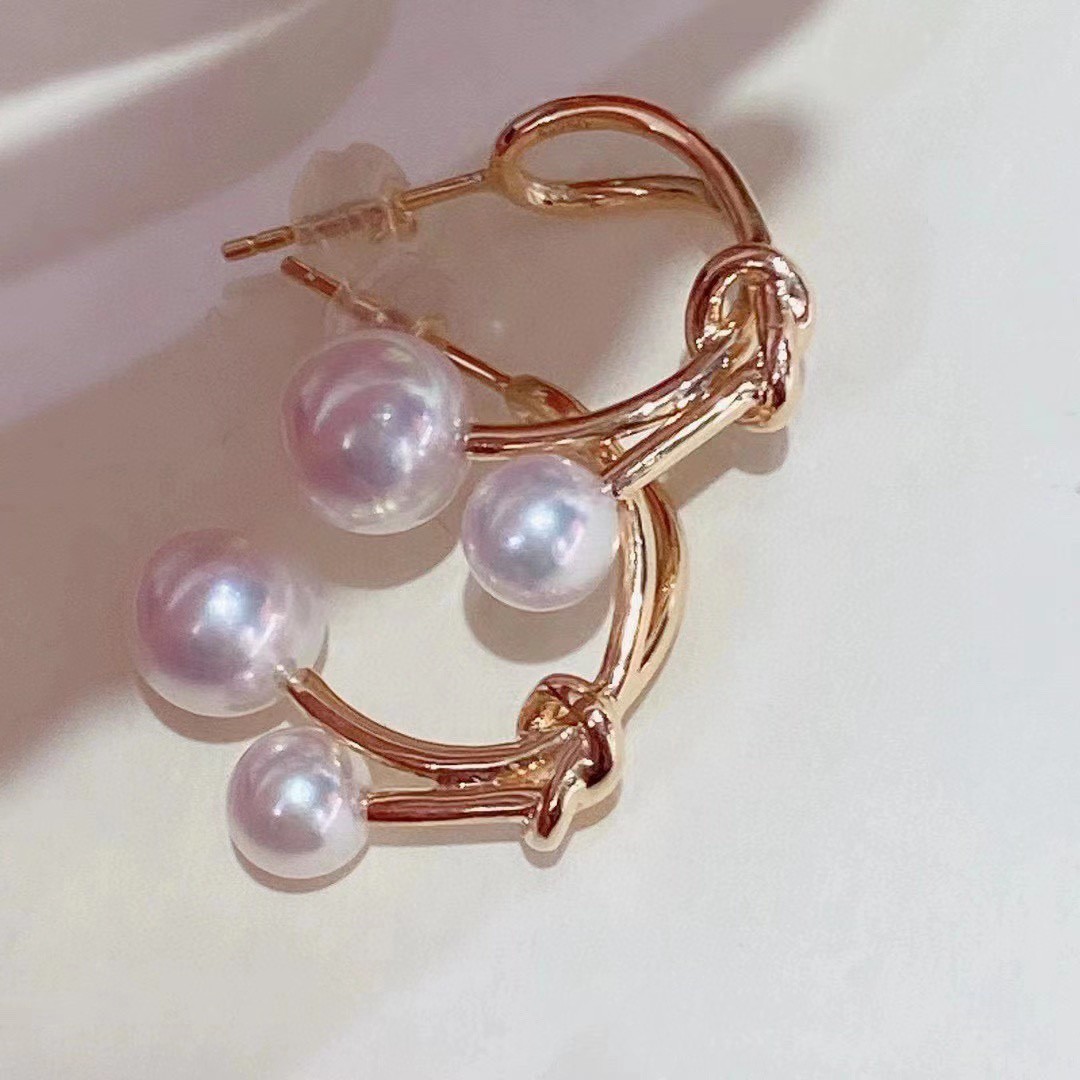 法国女孩vitage复古气质淡水akoya珍珠14k注金打结耳钉优雅耳环