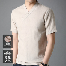 亚麻短袖T恤男士v领纯色棉麻透气夏季新款中国风国潮中青年上衣