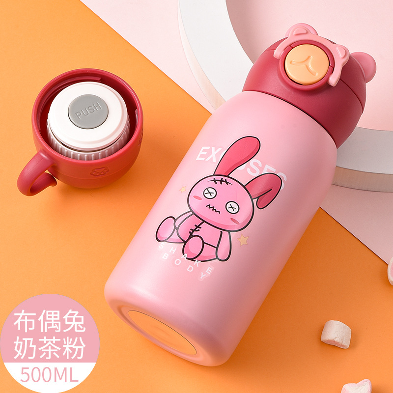 New 316 Stainless Steel Children Pot Belly Thermos Cup Cute Cartoon with Straw Cup One Cup Double Lid Bottle for Children