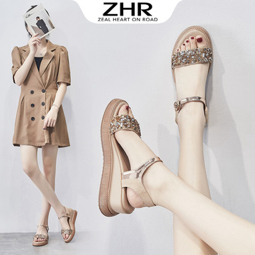 zhr 2023夏季新款外穿坡跟凉鞋女仙女风平跟民族钻厚底凉鞋女