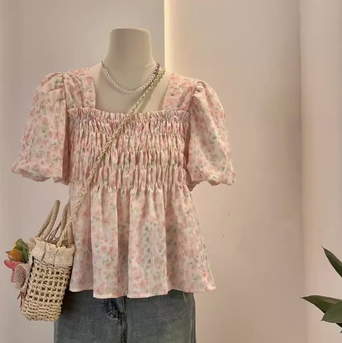 方领粉色碎花上衣女2024夏季雪纺衫气质显瘦衬衫洋气小衫-阿里巴巴