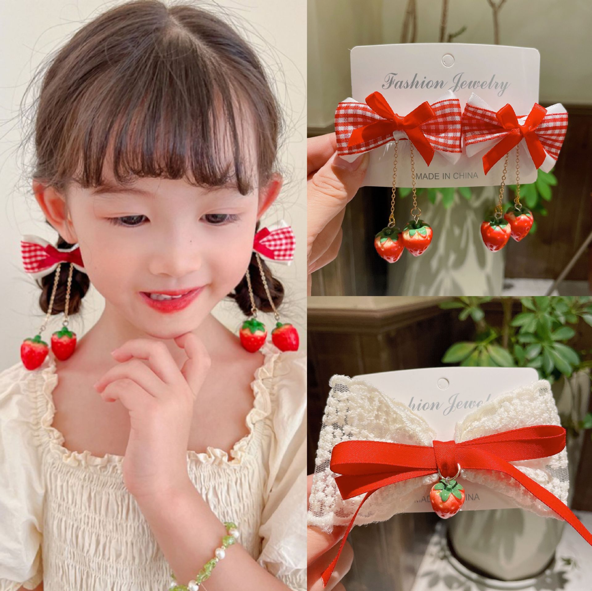 森系蝴蝶结樱桃对夹发饰甜美可爱小女孩儿童流苏清品头饰发饰发卡