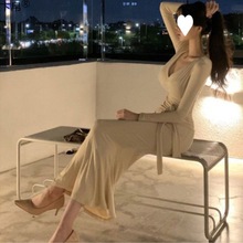 韩国2022春款系带修身显身材性感女人味领低胸包臀纯色连衣裙女卞