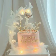 网红水晶鹿蛋糕装饰 珍珠叶子金叶皇冠摆件唯美仙女蛋糕羽毛插件