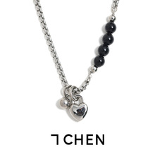 7CHEN 欧美新款黑珠链条爱心项链小众个性设计感叠戴颈链锁骨链女
