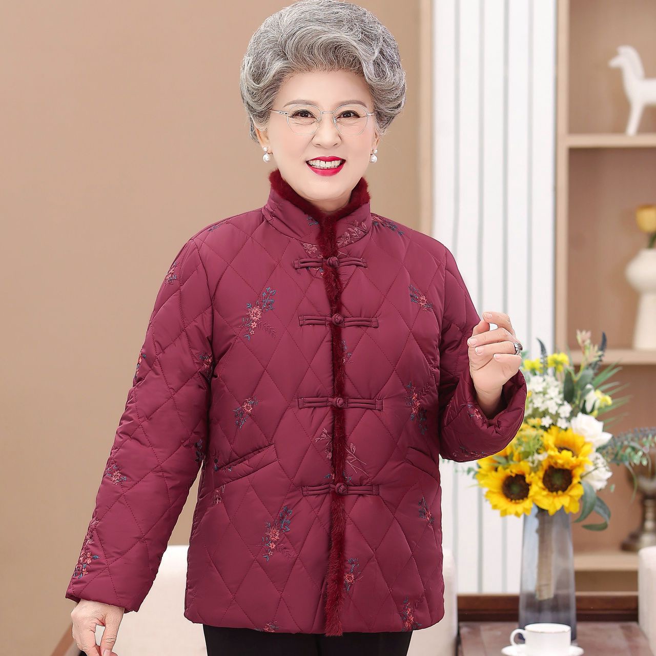 妈妈装棉袄外套冬季中老年人加绒加厚棉衣60-70岁奶奶装洋气衣服