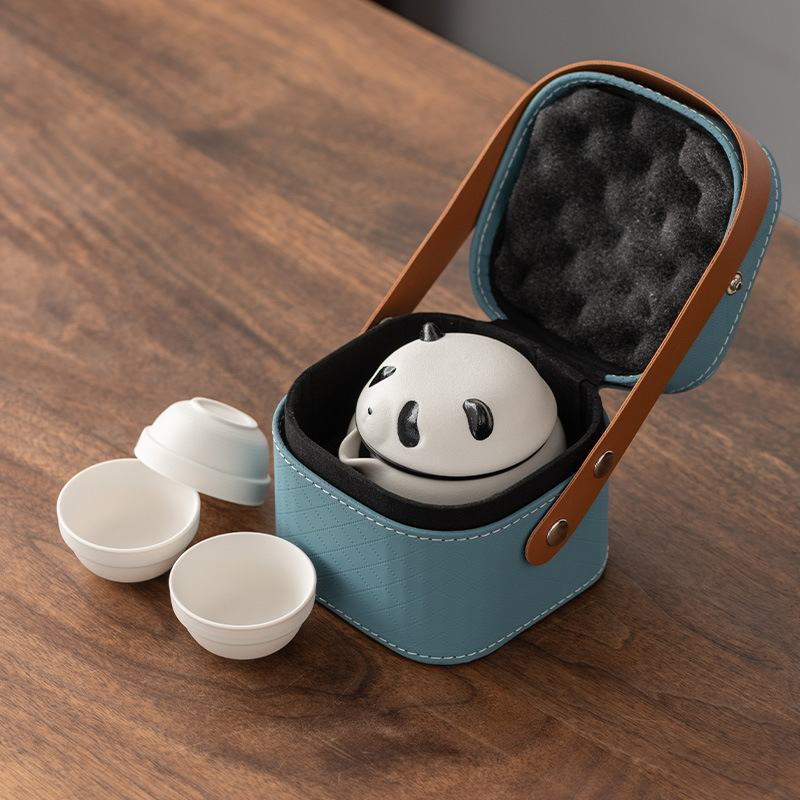 Cute Panda Kung Fu Tea Set Express Customer Travel Portable Ceramic Outdoor Three Cups Gift Box Company Annual Meeting Gifts