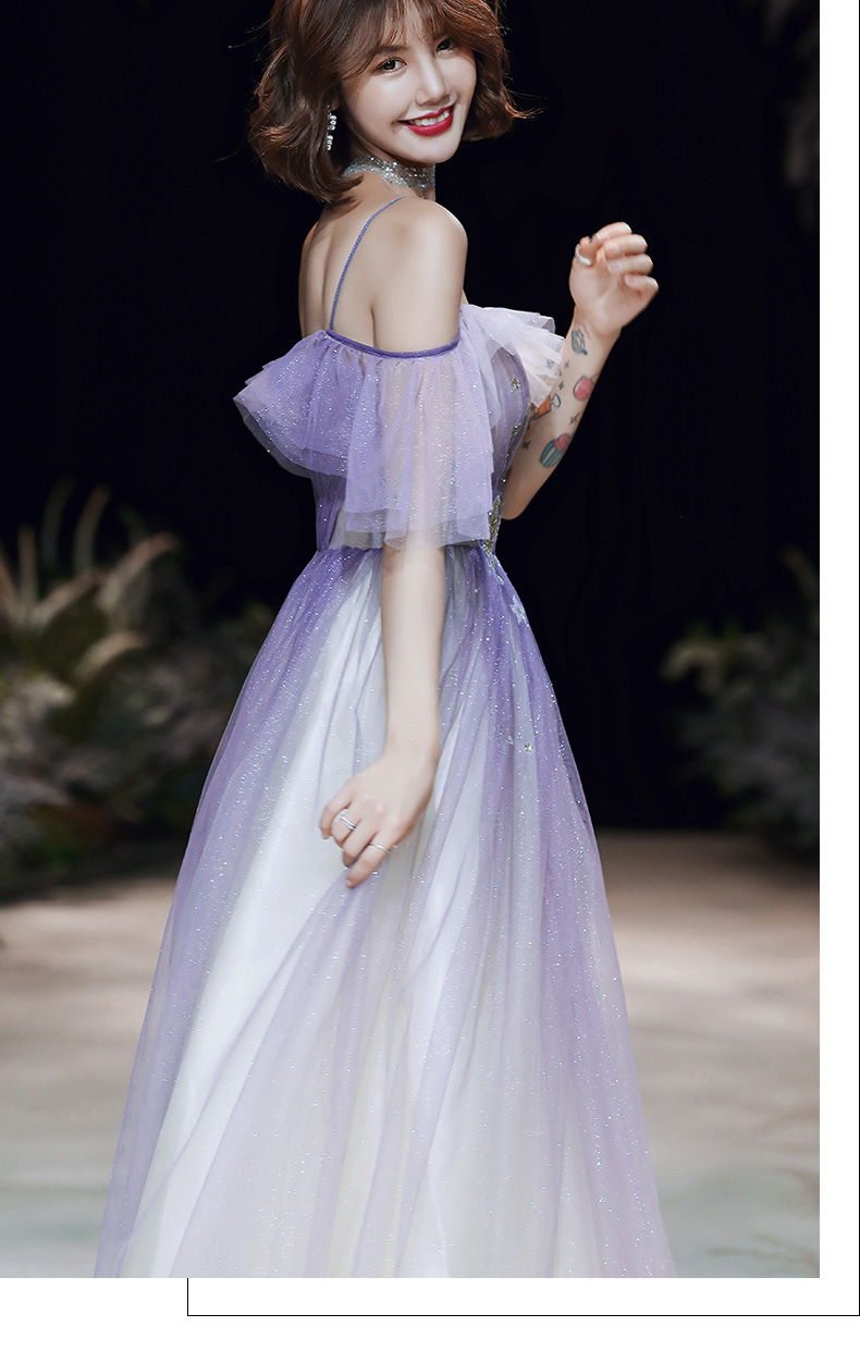 渐变紫色主持人星空模特走秀轻奢敬酒服一字肩年会18岁成年晚礼服