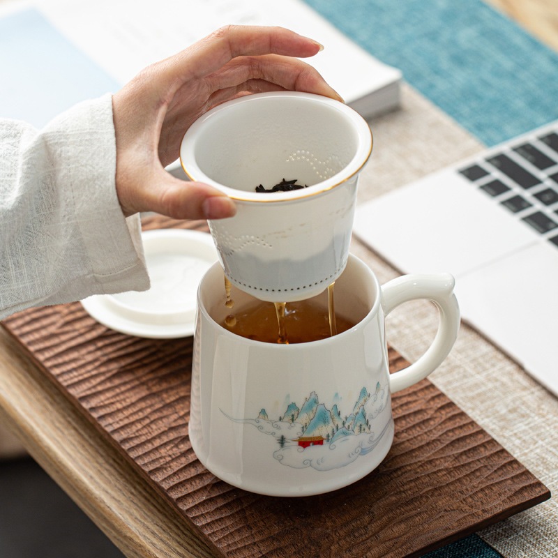 Ceramic Covered Handle Cup Personal Strainer Tea Brewing Cup Tea Water Separation Mug Bank Enterprise Printing Logo