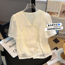 新中式短款雪纺上衣设计感小众女夏季泡泡袖国风盘扣刺绣短袖衬衫