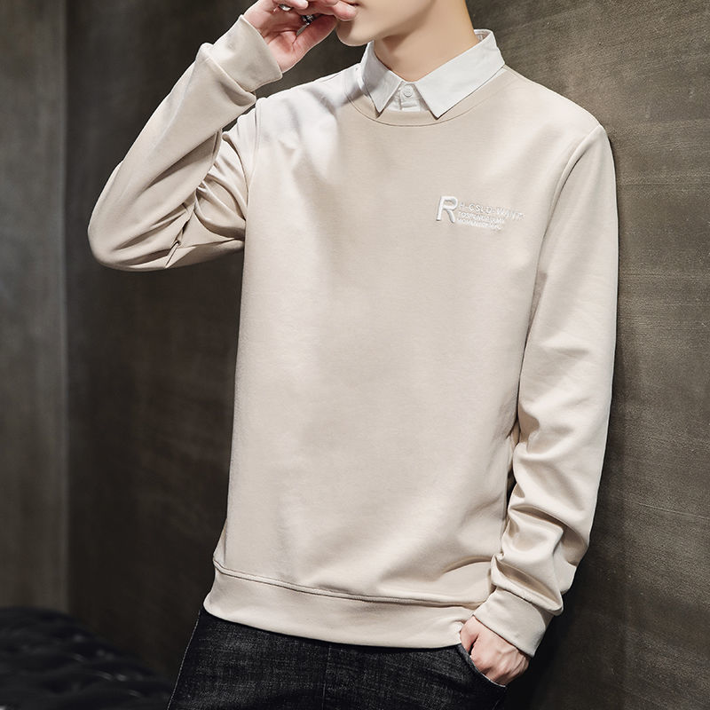 衬衫领卫衣男韩版宽松男士潮流卫衣假两件个性上衣秋冬加绒打底衫