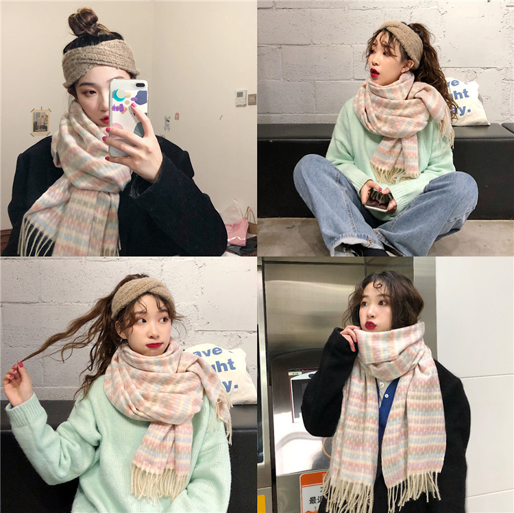 Korean Style Scarf Women's Autumn and Winter Japanese Style Retro Soft Girl Soft All-Match Rainbow Plaid Student Knitted Scarf Ins
