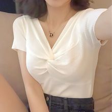 夏季新款领打底衫韩版交叉洋气短袖恤女修身上衣白色针织衫