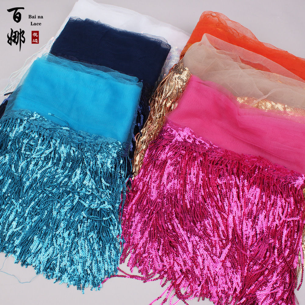 Bai Na Popular Factory in Stock Wholesale 20cm Laser Sequins Fringe Tassel Lace Dancing Dress Waist Chain Accessories