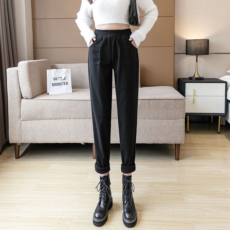 大码女裤高腰休闲萝卜裤女显瘦胖妹妹百搭毛呢九分小脚哈伦裤