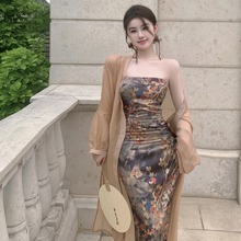 新中式国风复古改良旗袍修身包臀抹胸连衣裙+开衫两件套装