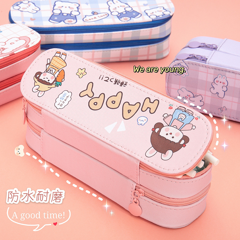 Double Layer Pencil Case Large Capacity Simple PU Leather Waterproof Primary School Student Cute Stationery Pencil Box Prize Reward Gift